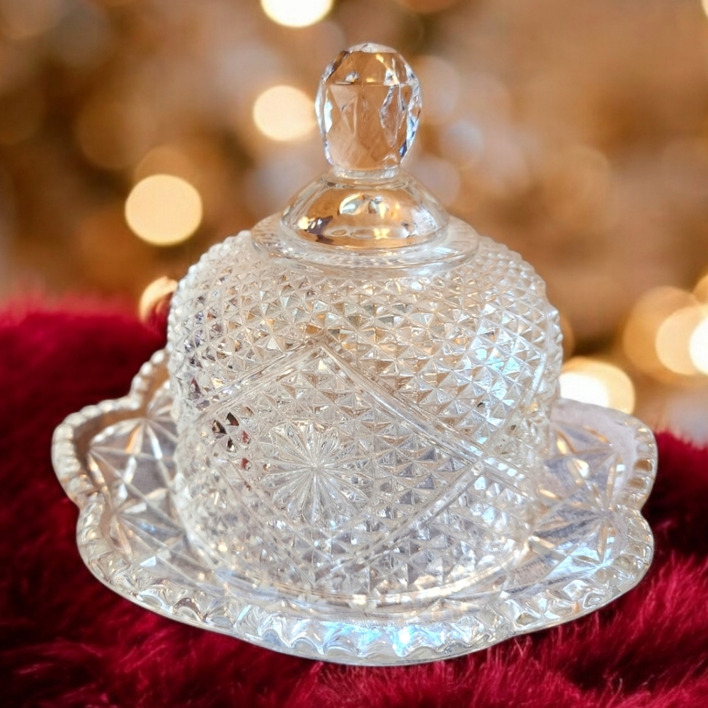 Vintage Avon by Fostoria Cut Crystal Cheese Dome Cloche Diamond Cut 1970s Butter